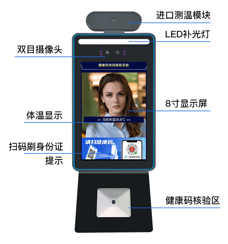 捷易科技國(guó)康碼健康碼人證核驗(yàn)一體機(jī)可適用于期間人流量較大且人群身份不固定的場(chǎng)所，如政務(wù)服務(wù)大廳、醫(yī)護(hù)場(chǎng)所、街道社區(qū)、企業(yè)工廠、寫(xiě)字樓、校園、銀行、超市和機(jī)場(chǎng)等各種場(chǎng)所。