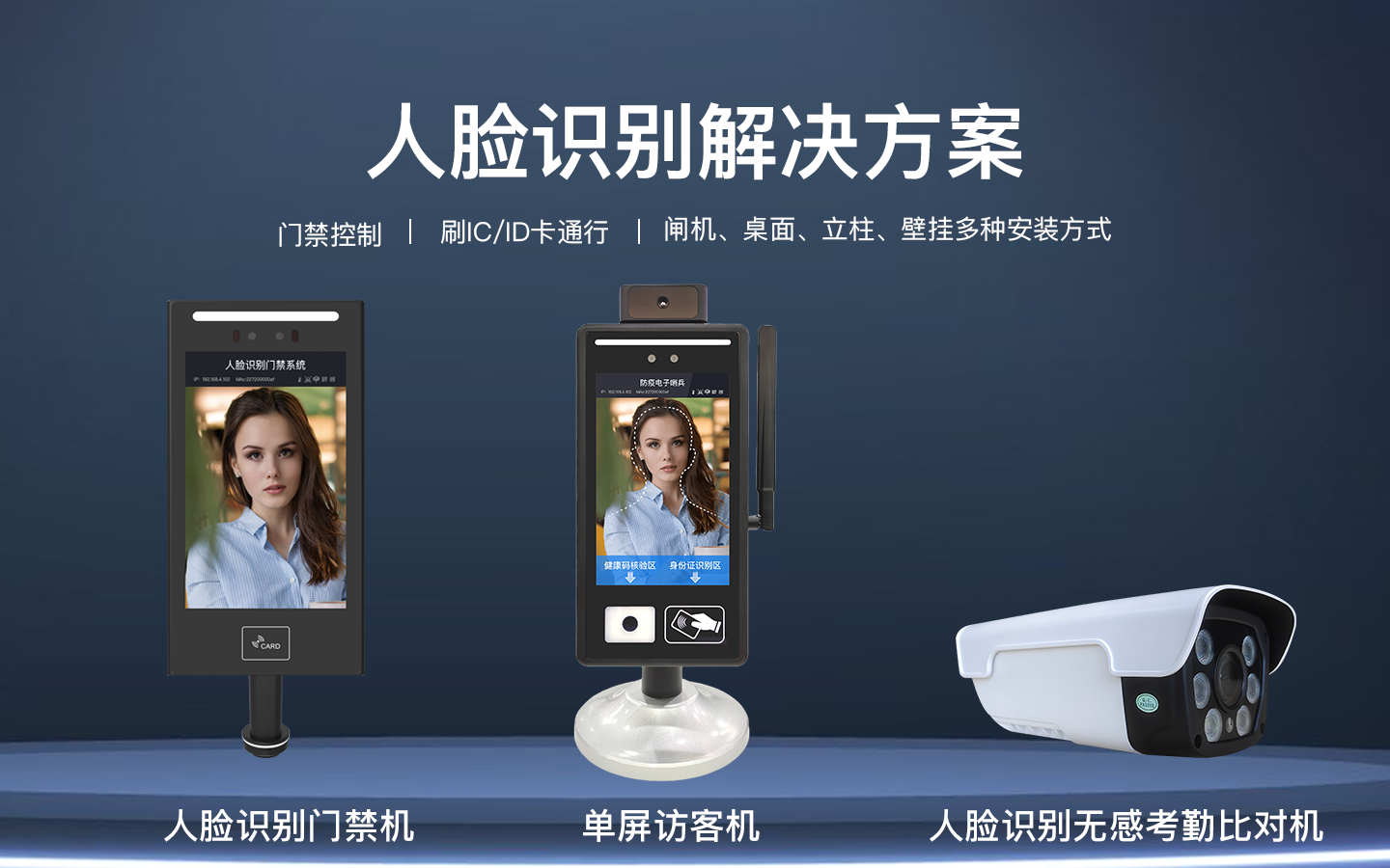 人臉識別解決方案，門禁控制 | 刷IC/ID卡通行 | 閘機、桌面、立柱、壁掛多種安裝方式，人臉識剛門禁系捷、人臉識別門禁機、單屏訪客機、人臉識別無感考勤比對機